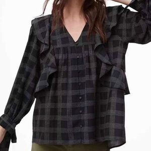 Loft plaid ruffle detail tie sleeve blouse medium